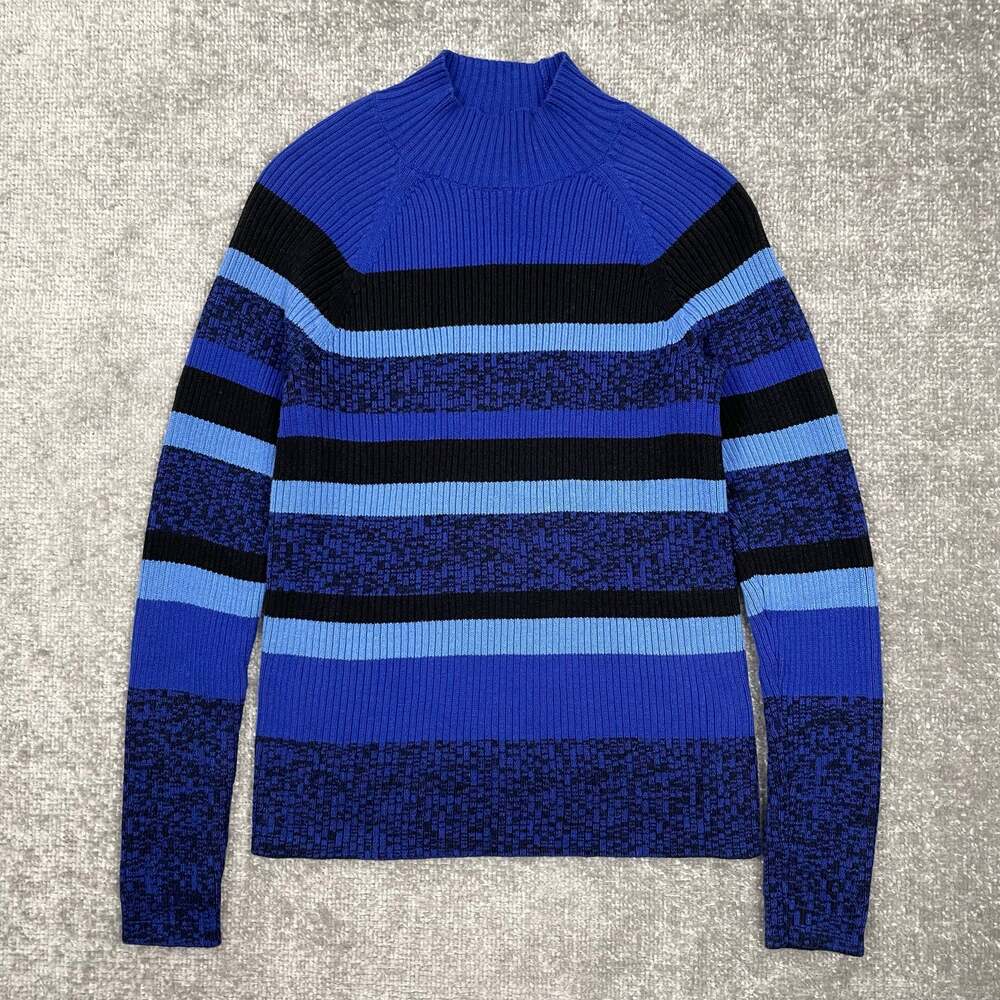 y2k Vintage Striped Rib Knit Mockneck Sweater Blue Multicolor Top Retro Size PM